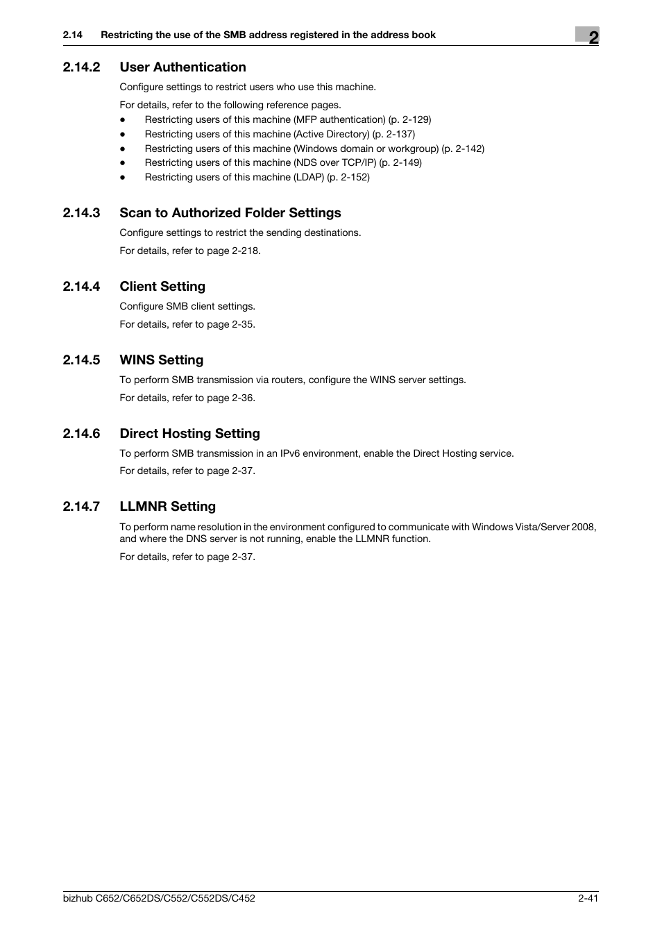2 user authentication, 3 scan to authorized folder settings, 4 client setting | 5 wins setting, 6 direct hosting setting, 7 llmnr setting, User authentication -41, Scan to authorized folder settings -41, Client setting -41, Wins setting -41 | Konica Minolta BIZHUB C652DS User Manual | Page 59 / 343