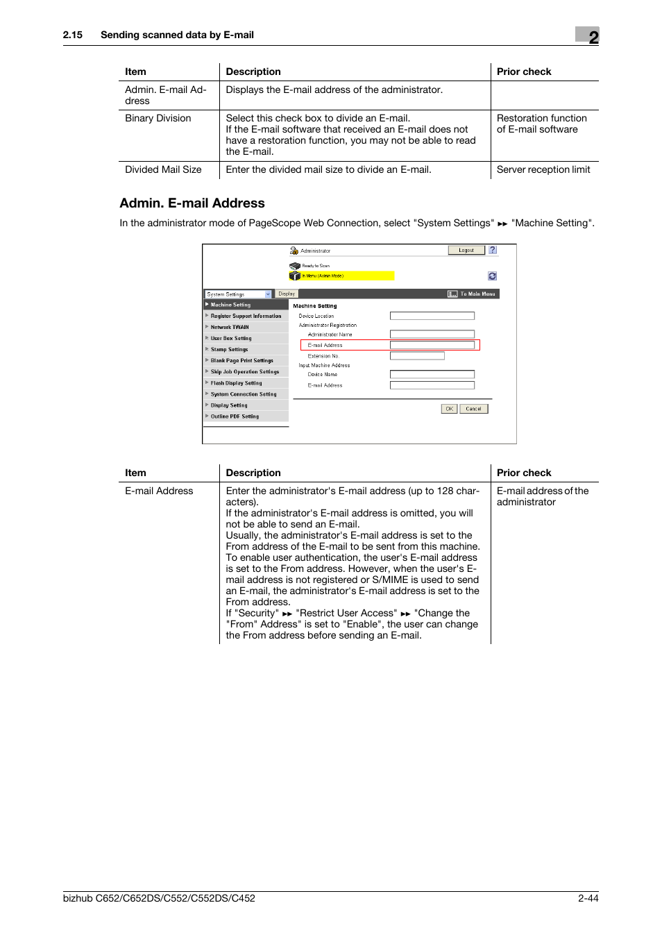 Admin. e-mail address, Admin. e-mail address -44 | Konica Minolta BIZHUB C652DS User Manual | Page 62 / 343