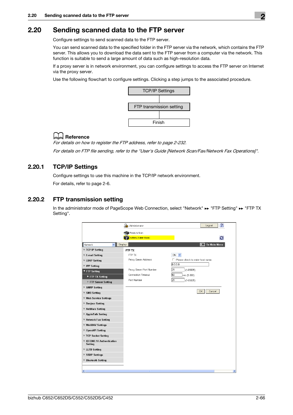 20 sending scanned data to the ftp server, 1 tcp/ip settings, 2 ftp transmission setting | Sending scanned data to the ftp server -66, Tcp/ip settings -66, Ftp transmission setting -66 | Konica Minolta BIZHUB C652DS User Manual | Page 84 / 343