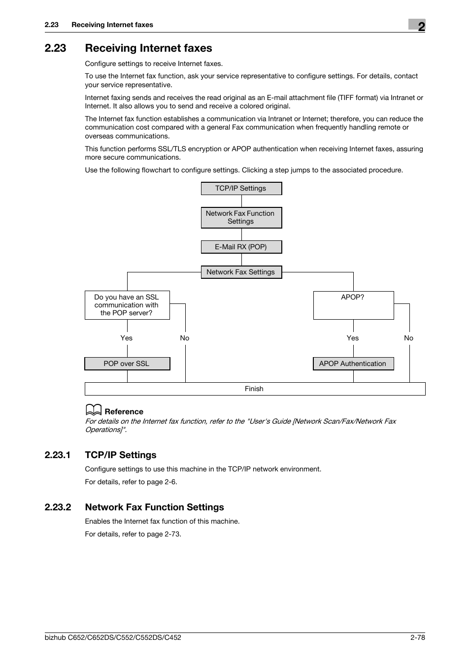 23 receiving internet faxes, 1 tcp/ip settings, 2 network fax function settings | Receiving internet faxes -78, Tcp/ip settings -78, Network fax function settings -78, Receiving internet faxes, P. 2-78 | Konica Minolta BIZHUB C652DS User Manual | Page 96 / 343