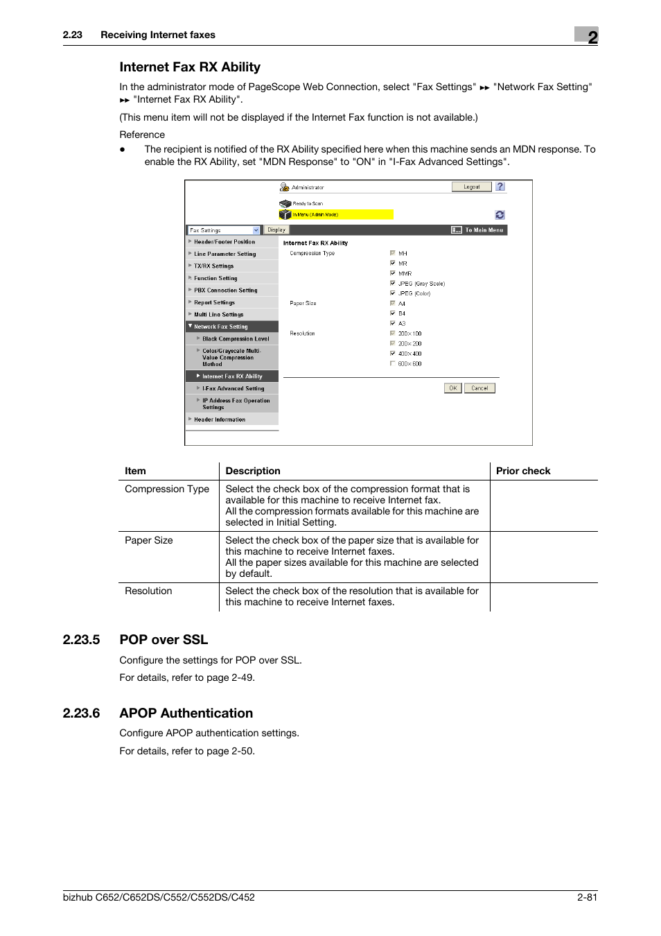 Internet fax rx ability, 5 pop over ssl, 6 apop authentication | Internet fax rx ability -81, Pop over ssl -81, Apop authentication -81, Pop over ssl, Apop authentication | Konica Minolta BIZHUB C652DS User Manual | Page 99 / 343