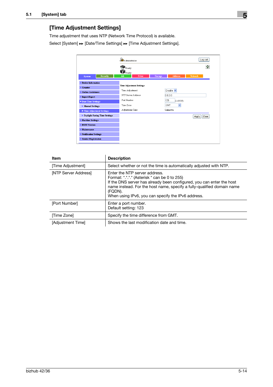 Time adjustment settings, Time adjustment settings] -14 | Konica Minolta bizhub 42 User Manual | Page 102 / 284