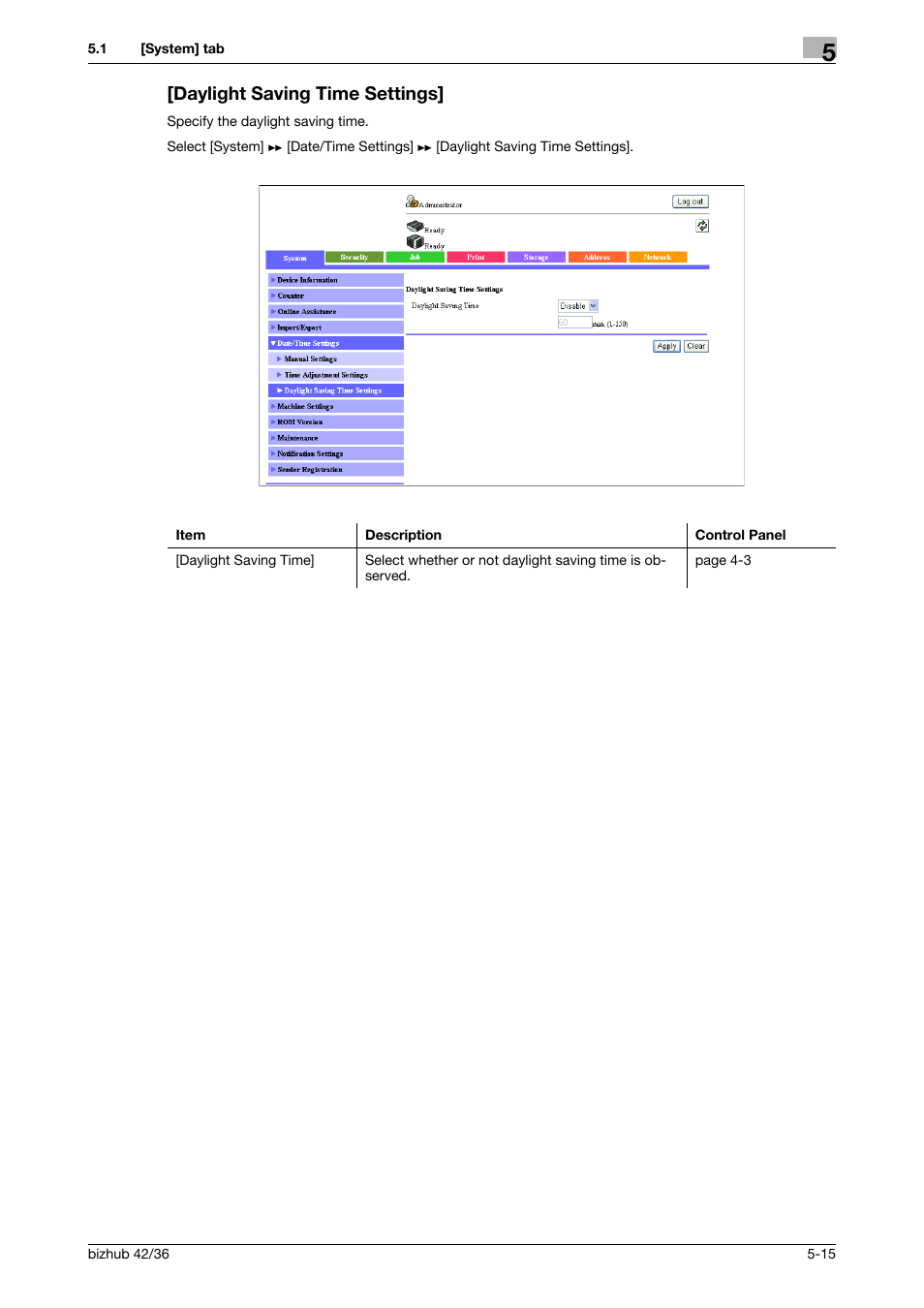 Daylight saving time settings, Daylight saving time settings] -15 | Konica Minolta bizhub 42 User Manual | Page 103 / 284