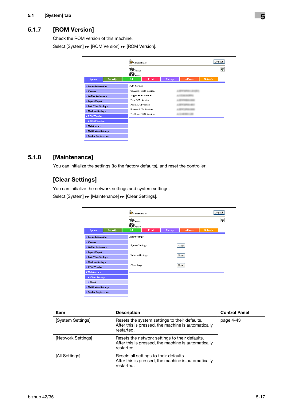 7 [rom version, 8 [maintenance, Clear settings | Rom version] -17, Maintenance] -17 [clear settings] -17 | Konica Minolta bizhub 42 User Manual | Page 105 / 284