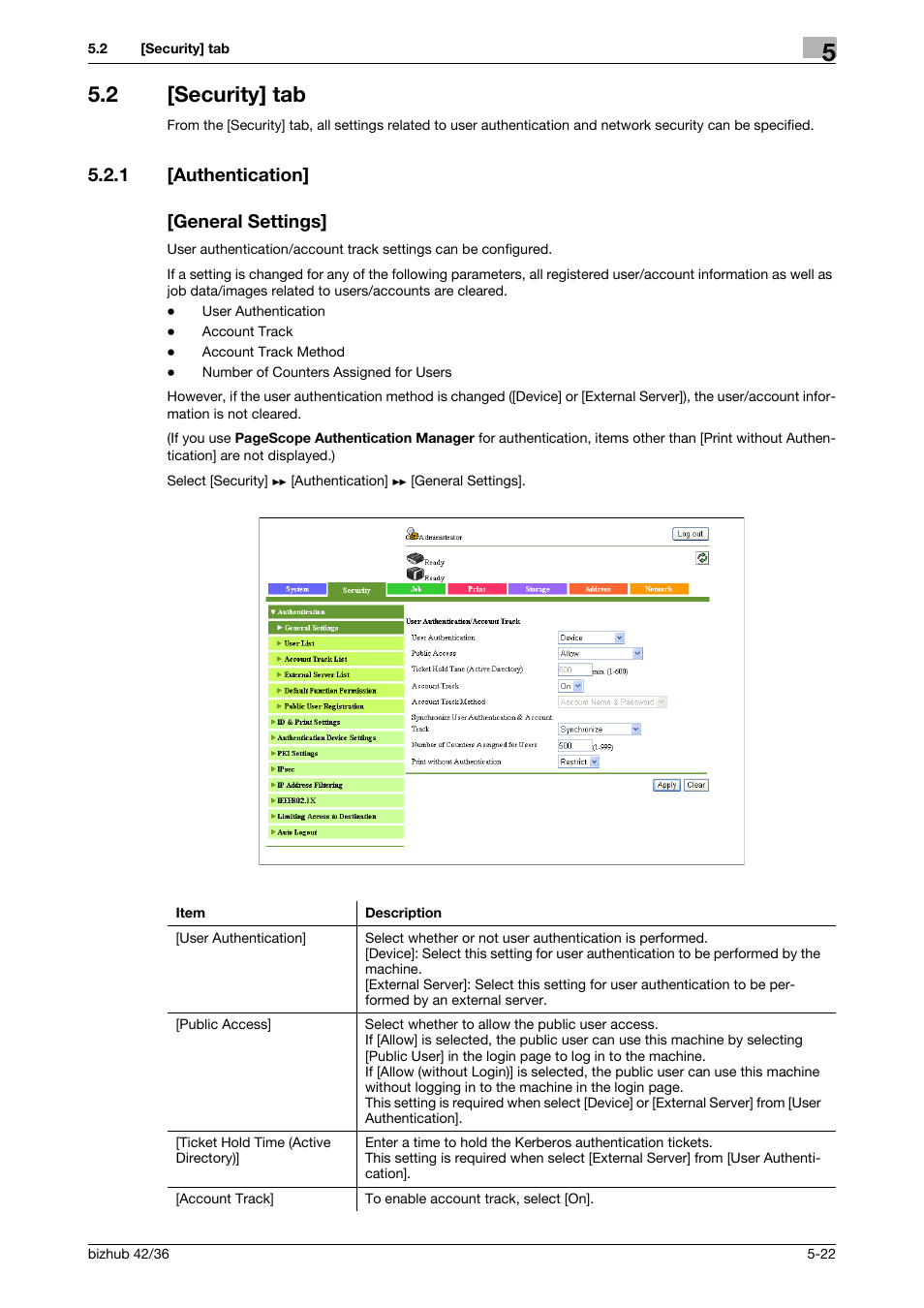 2 [security] tab, 1 [authentication, General settings | Security] tab -22, Authentication] -22 [general settings] -22, 1 [authentication] [general settings | Konica Minolta bizhub 42 User Manual | Page 110 / 284