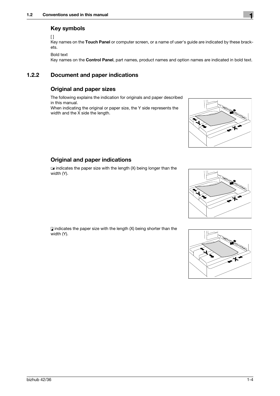 Key symbols, 2 document and paper indications, Original and paper sizes | Original and paper indications, Key symbols -4 | Konica Minolta bizhub 42 User Manual | Page 12 / 284