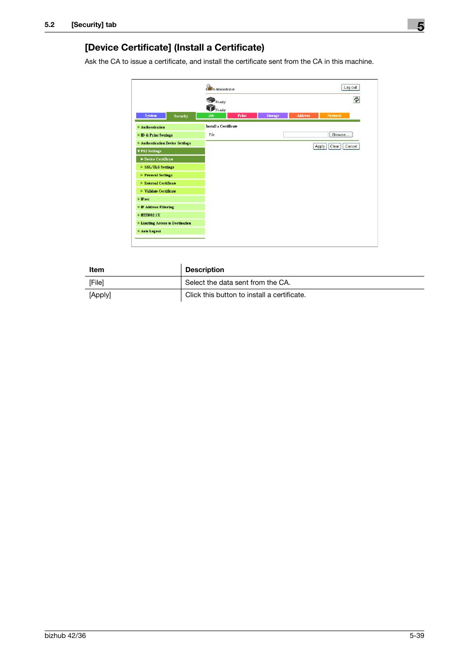 Device certificate] (install a certificate), Device certificate] (install a certificate) -39 | Konica Minolta bizhub 42 User Manual | Page 127 / 284