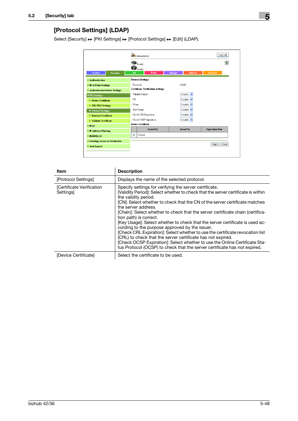Protocol settings] (ldap), Protocol settings] (ldap) -48 | Konica Minolta bizhub 42 User Manual | Page 136 / 284