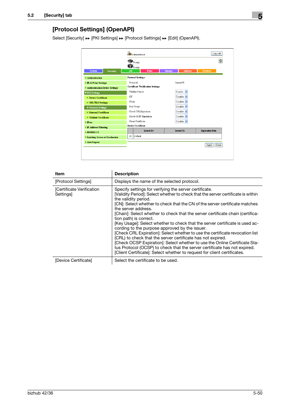 Protocol settings] (openapi), Protocol settings] (openapi) -50 | Konica Minolta bizhub 42 User Manual | Page 138 / 284