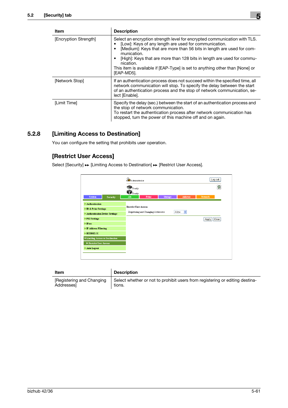 8 [limiting access to destination, Restrict user access | Konica Minolta bizhub 42 User Manual | Page 149 / 284