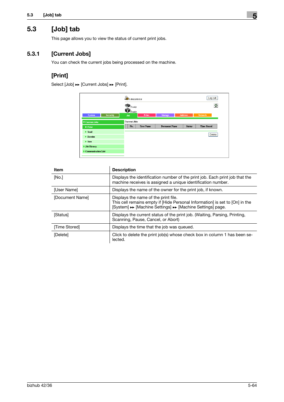 3 [job] tab, 1 [current jobs, Print | Job] tab -64, Current jobs] -64 [print] -64 | Konica Minolta bizhub 42 User Manual | Page 152 / 284