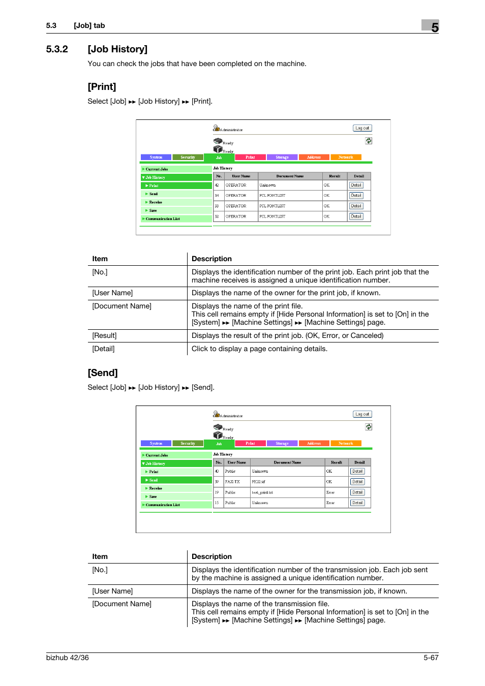 2 [job history, Print, Send | Job history] -67 [print] -67 [send] -67 | Konica Minolta bizhub 42 User Manual | Page 155 / 284
