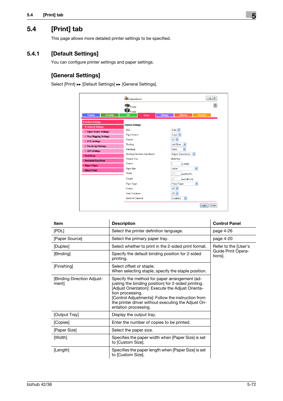 4 [print] tab, 1 [default settings, General settings | Print] tab -72, Default settings] -72 [general settings] -72 | Konica Minolta bizhub 42 User Manual | Page 160 / 284