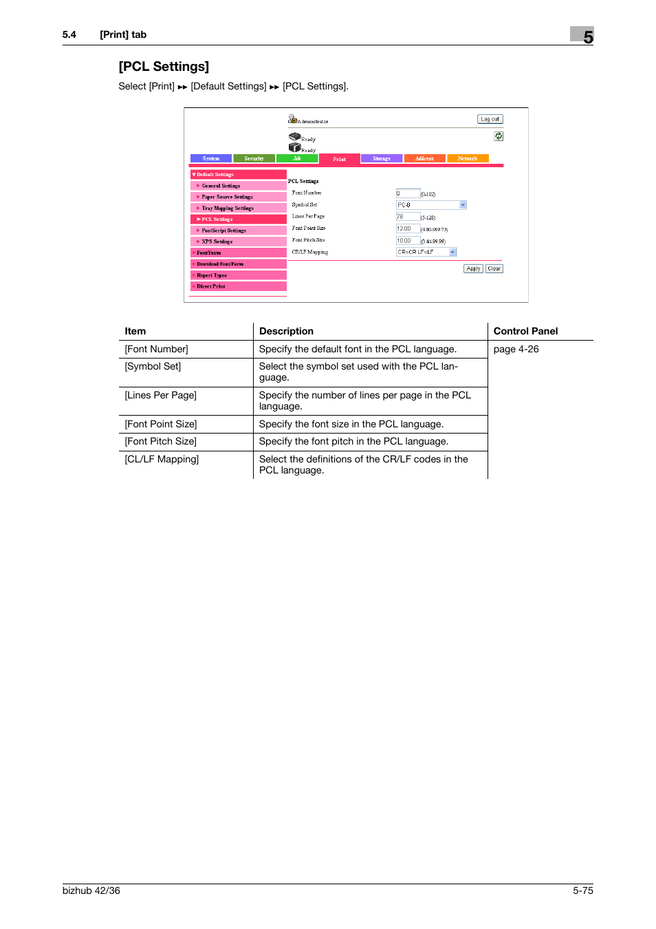 Pcl settings, Pcl settings] -75 | Konica Minolta bizhub 42 User Manual | Page 163 / 284