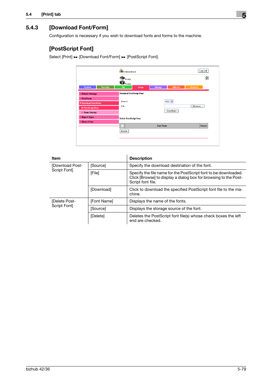 3 [download font/form, Postscript font, Download font/form] -79 [postscript font] -79 | Konica Minolta bizhub 42 User Manual | Page 167 / 284