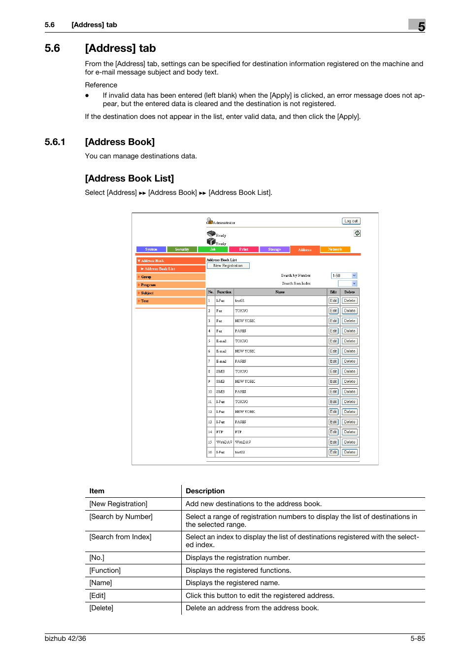 6 [address] tab, 1 [address book, Address book list | Address] tab -85, Address book] -85 [address book list] -85 | Konica Minolta bizhub 42 User Manual | Page 173 / 284