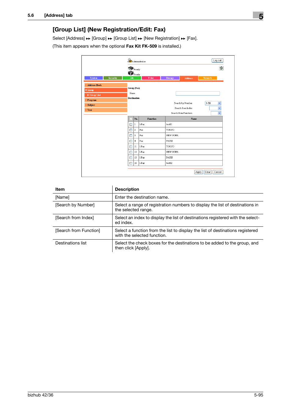 Group list] (new registration/edit: fax), Group list] (new registration/edit: fax) -95 | Konica Minolta bizhub 42 User Manual | Page 183 / 284