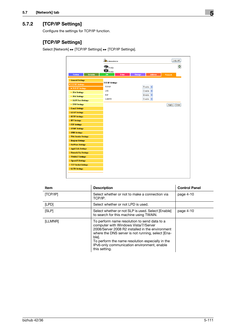 2 [tcp/ip settings, Tcp/ip settings, Tcp/ip settings] -111 [tcp/ip settings] -111 | Konica Minolta bizhub 42 User Manual | Page 199 / 284