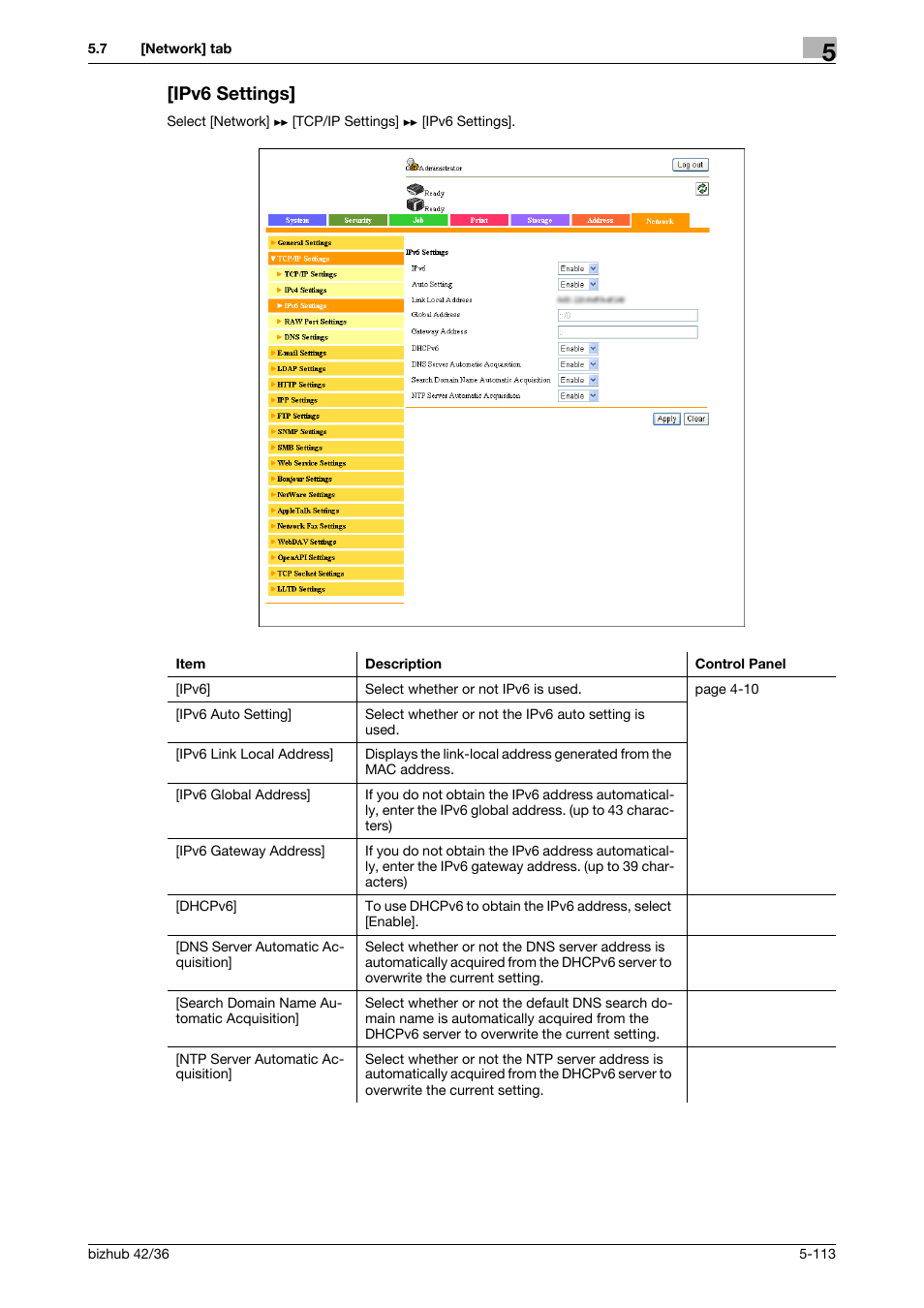 Ipv6 settings, Ipv6 settings] -113 | Konica Minolta bizhub 42 User Manual | Page 201 / 284