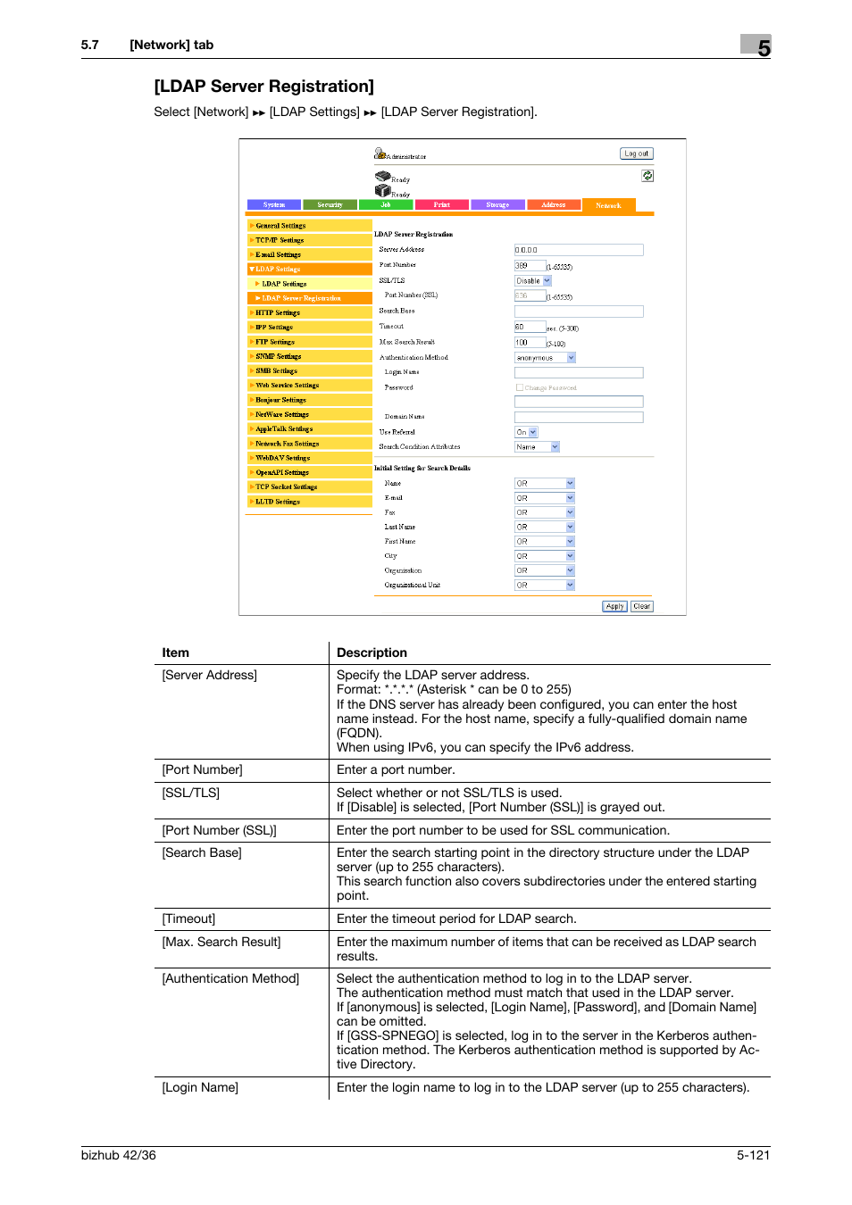 Ldap server registration, Ldap server registration] -121 | Konica Minolta bizhub 42 User Manual | Page 209 / 284