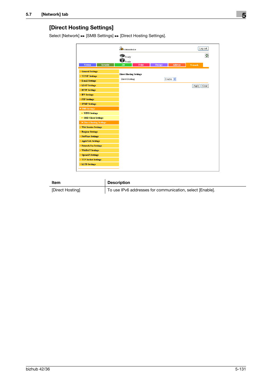 Direct hosting settings, Direct hosting settings] -131 | Konica Minolta bizhub 42 User Manual | Page 219 / 284