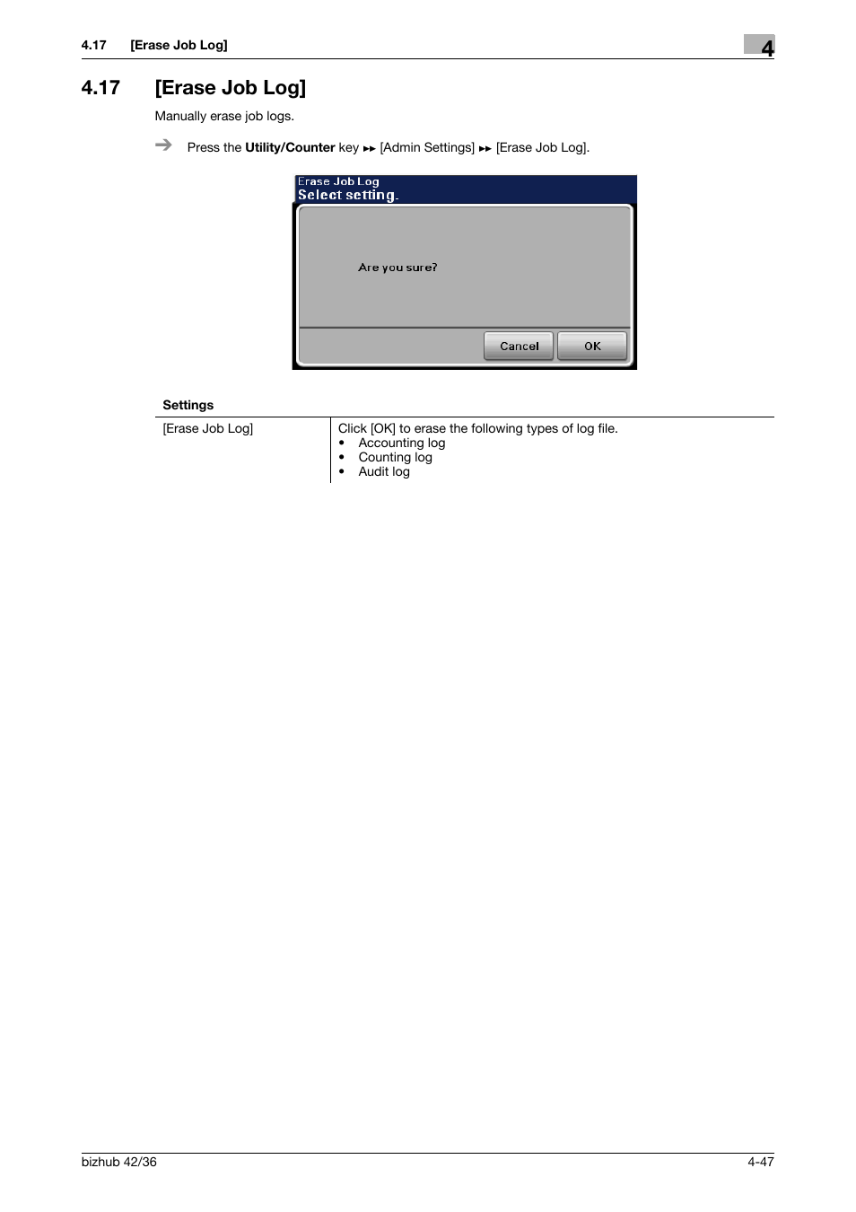 17 [erase job log, Erase job log] -47 | Konica Minolta bizhub 42 User Manual | Page 72 / 284