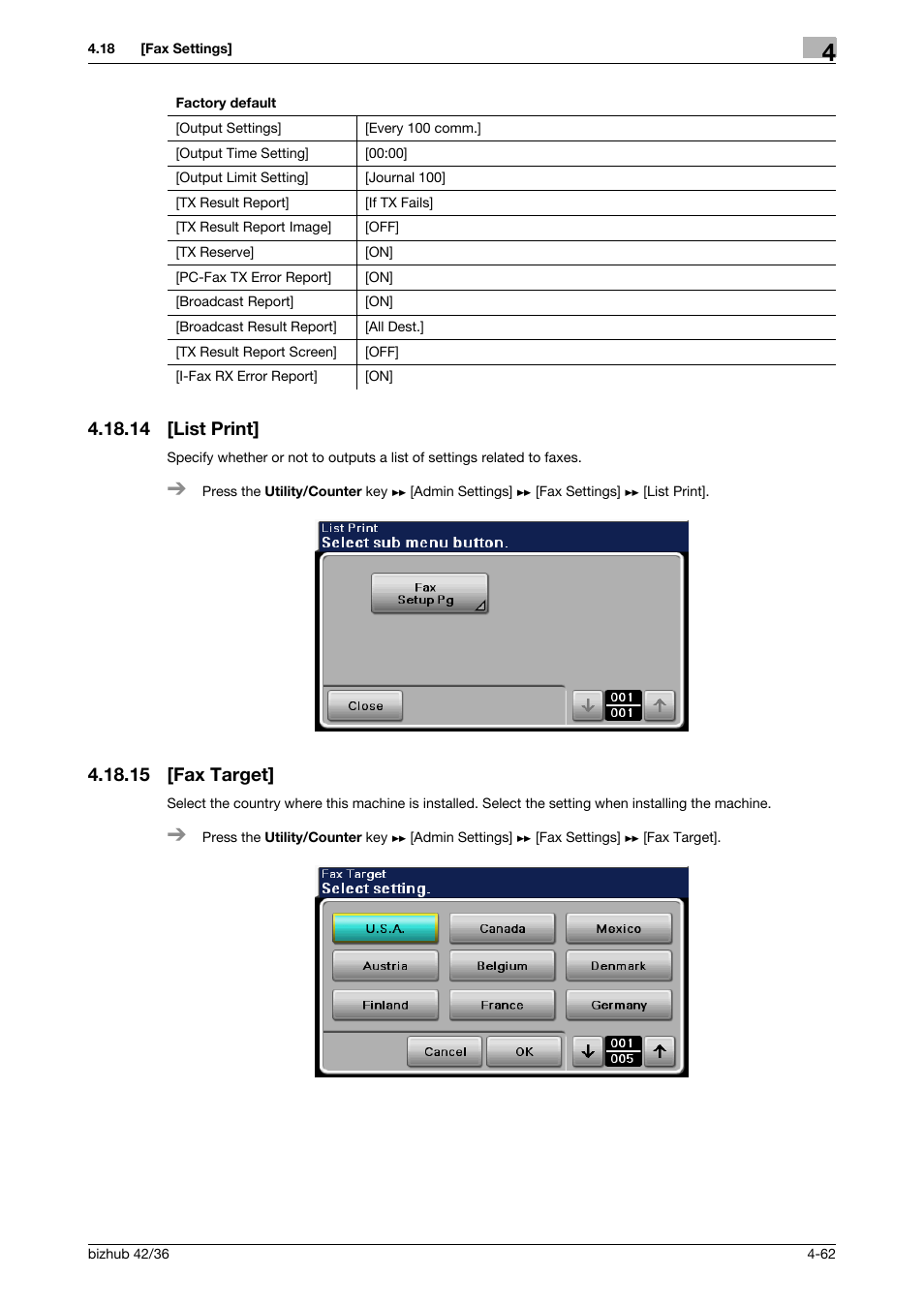14 [list print, 15 [fax target, List print] -62 | Fax target] -62 | Konica Minolta bizhub 42 User Manual | Page 87 / 284