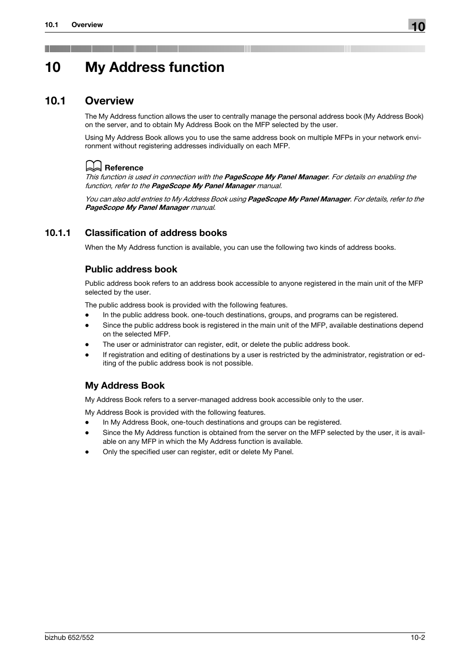 10 my address function, 1 overview, 1 classification of address books | Public address book, My address book, My address function, Overview -2, P. 10-2 | Konica Minolta bizhub 652 User Manual | Page 101 / 112