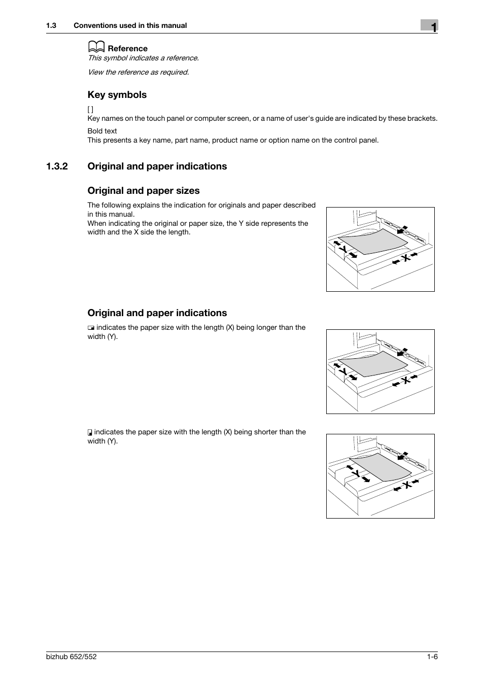 Key symbols, 2 original and paper indications, Original and paper sizes | Original and paper indications, Key symbols -6 | Konica Minolta bizhub 652 User Manual | Page 11 / 112