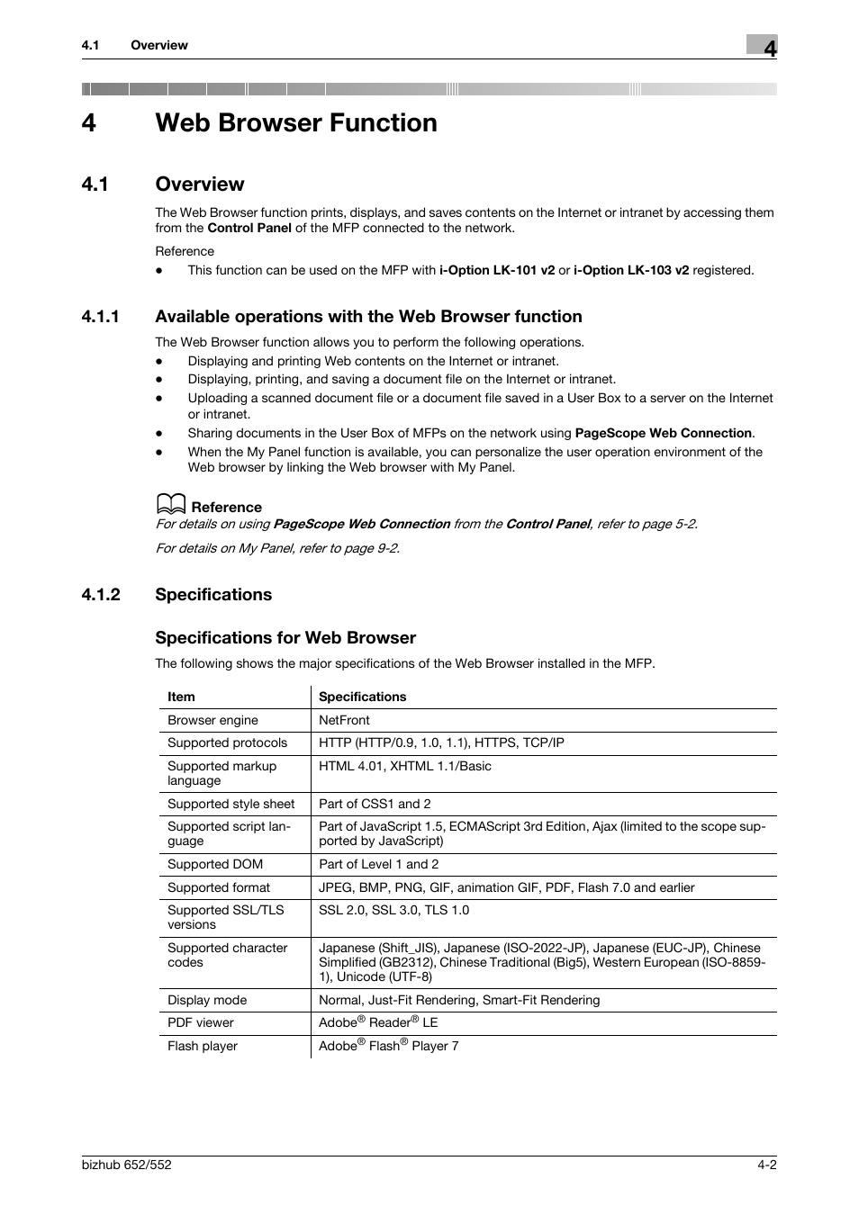 4 web browser function, 1 overview, 2 specifications | Specifications for web browser, Web browser function, Overview -2, P. 4-2, 4web browser function, 2 specifications specifications for web browser | Konica Minolta bizhub 652 User Manual | Page 21 / 112