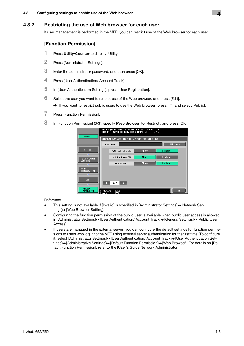 2 restricting the use of web browser for each user, Function permission | Konica Minolta bizhub 652 User Manual | Page 25 / 112