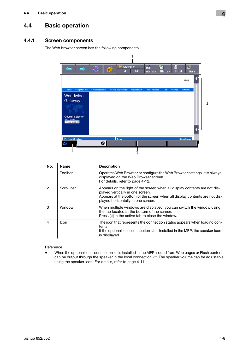 4 basic operation, 1 screen components, Basic operation -8 | Screen components -8 | Konica Minolta bizhub 652 User Manual | Page 27 / 112