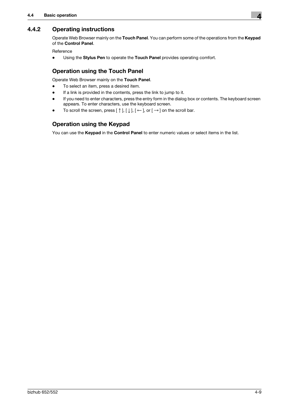 2 operating instructions, Operation using the touch panel, Operation using the keypad | Konica Minolta bizhub 652 User Manual | Page 28 / 112