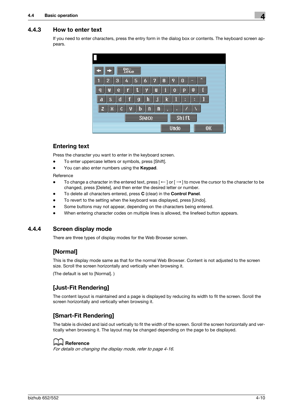 3 how to enter text, Entering text, 4 screen display mode | Normal, Just-fit rendering, Smart-fit rendering, How to enter text -10 entering text -10, Screen display mode -10 [normal] -10, Just-fit rendering] -10 [smart-fit rendering] -10 | Konica Minolta bizhub 652 User Manual | Page 29 / 112