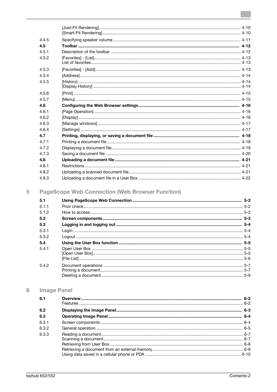 5pagescope web connection (web browser function), 6image panel | Konica Minolta bizhub 652 User Manual | Page 3 / 112