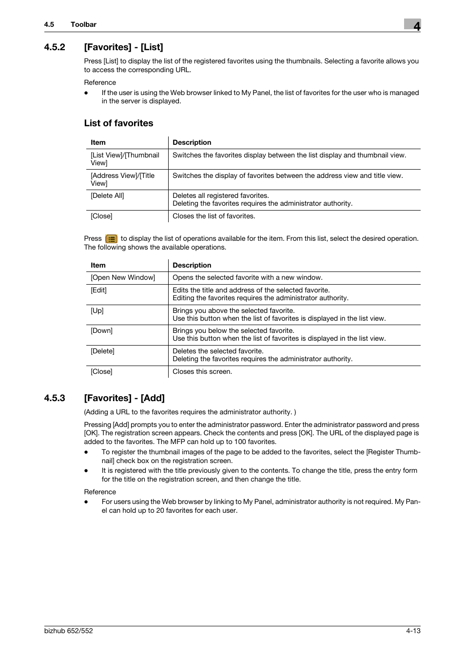 2 [favorites] - [list, List of favorites, 3 [favorites] - [add | Favorites] - [list] -13 list of favorites -13, Favorites] - [add] -13 | Konica Minolta bizhub 652 User Manual | Page 32 / 112