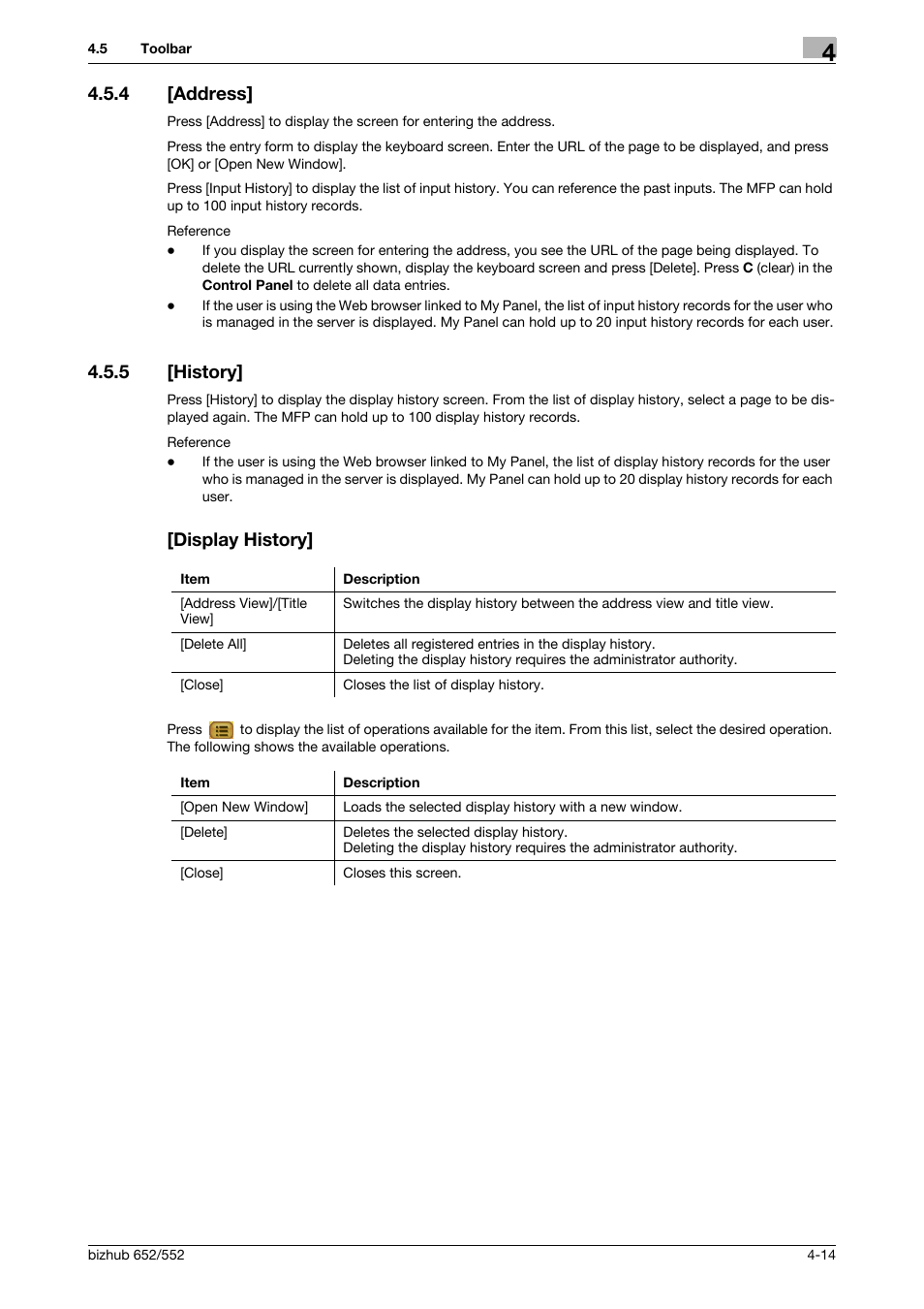 4 [address, 5 [history, Display history | Address] -14, History] -14 [display history] -14 | Konica Minolta bizhub 652 User Manual | Page 33 / 112