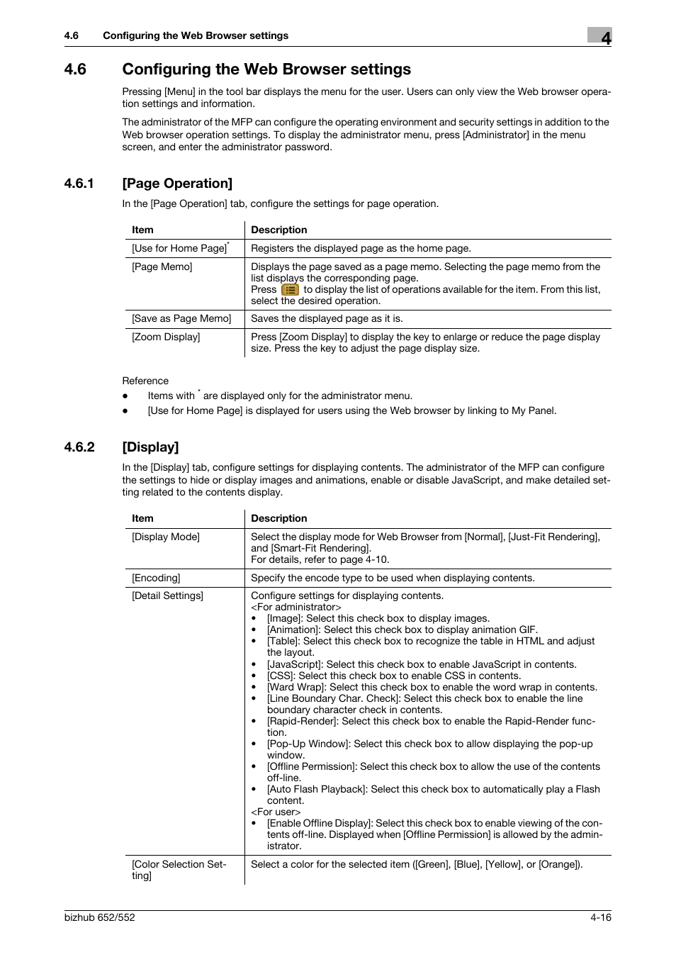 6 configuring the web browser settings, 2 [display, Configuring the web browser settings -16 | Display] -16, 1 [page operation | Konica Minolta bizhub 652 User Manual | Page 35 / 112