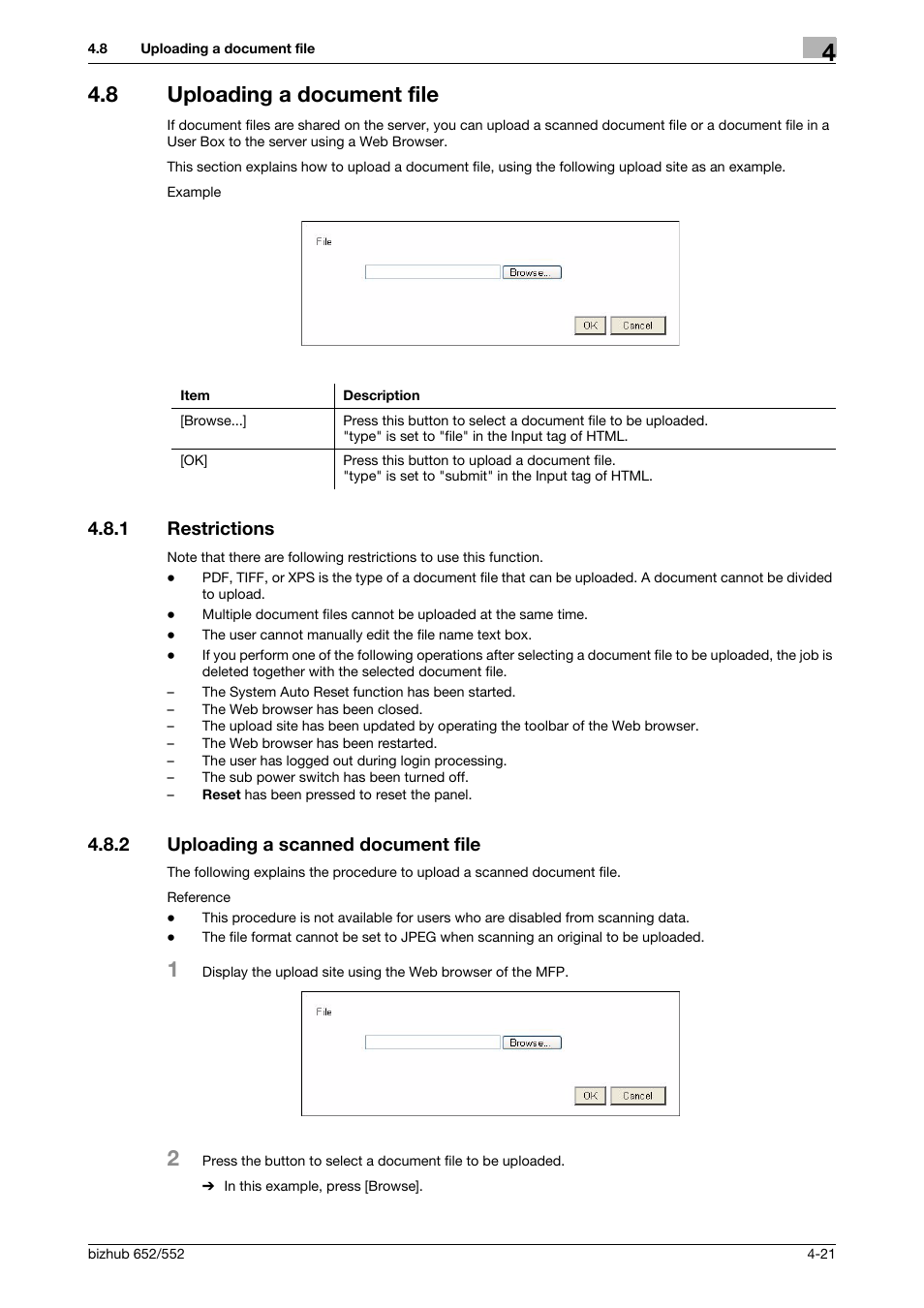 8 uploading a document file, 1 restrictions, 2 uploading a scanned document file | Uploading a document file -21, Restrictions -21, Uploading a scanned document file -21 | Konica Minolta bizhub 652 User Manual | Page 40 / 112