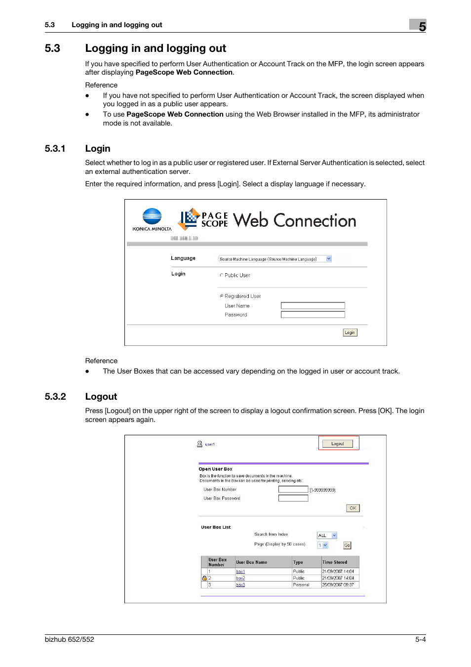 3 logging in and logging out, 1 login, 2 logout | Logging in and logging out -4, Login -4, Logout -4 | Konica Minolta bizhub 652 User Manual | Page 46 / 112