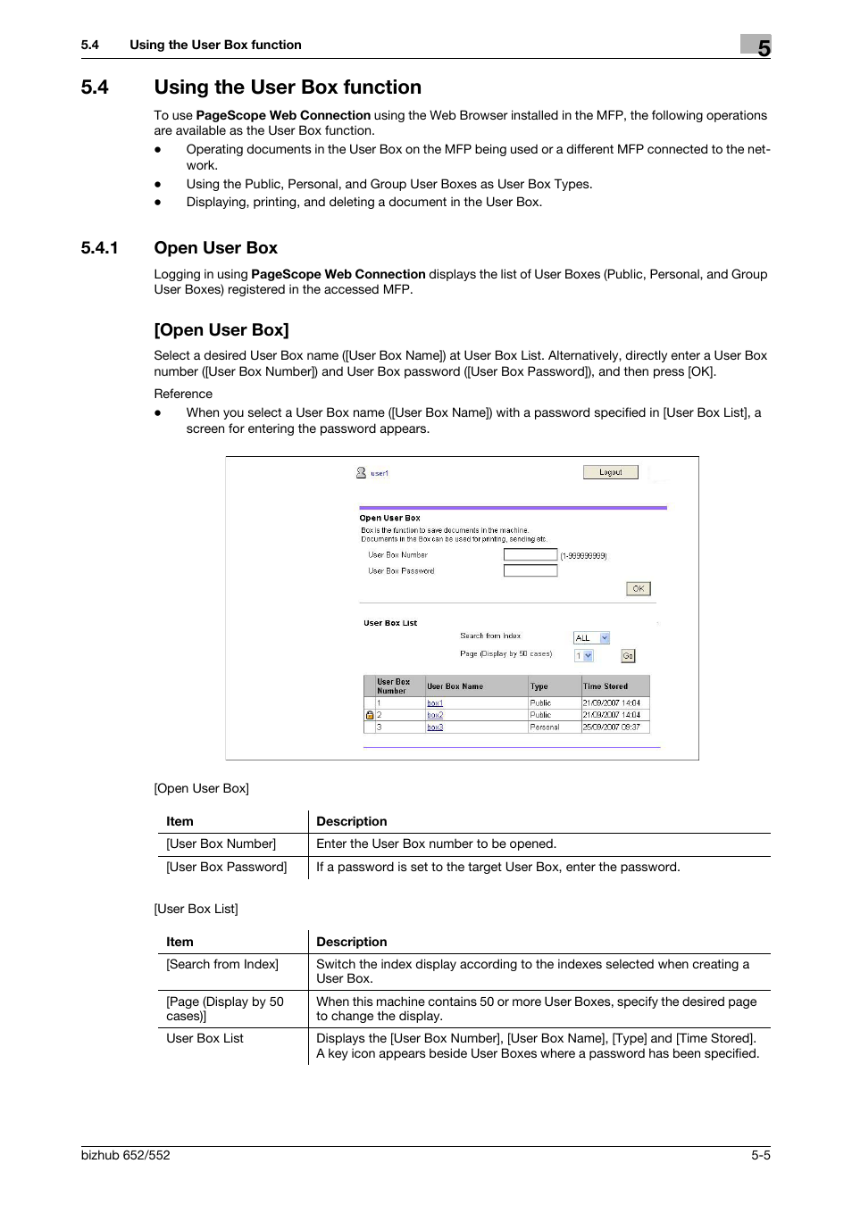 4 using the user box function, 1 open user box, Open user box | Using the user box function -5, Open user box -5 [open user box] -5 | Konica Minolta bizhub 652 User Manual | Page 47 / 112