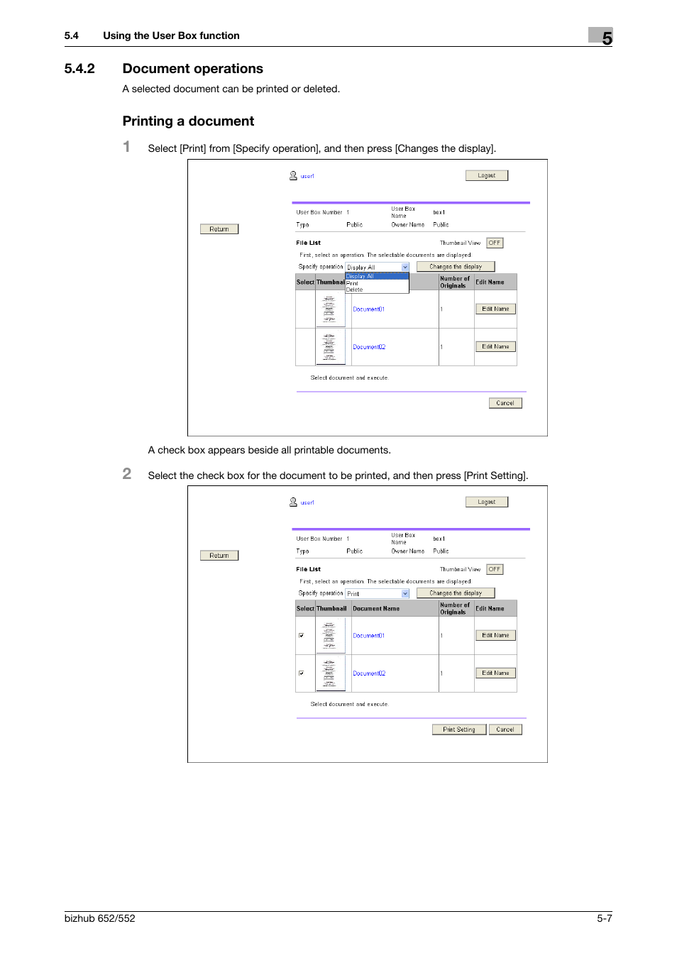 2 document operations, Printing a document, Document operations -7 printing a document -7 | Konica Minolta bizhub 652 User Manual | Page 49 / 112