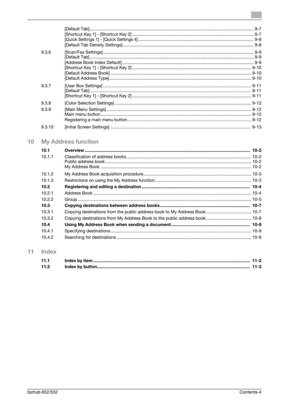 10 my address function, 11 index | Konica Minolta bizhub 652 User Manual | Page 5 / 112