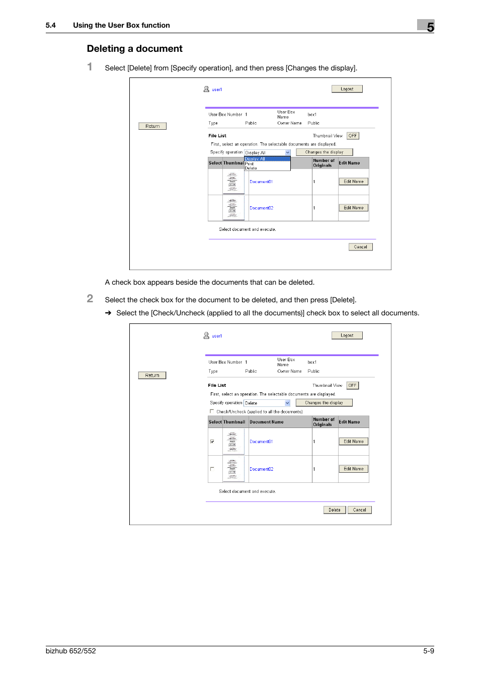 Deleting a document, Deleting a document -9 | Konica Minolta bizhub 652 User Manual | Page 51 / 112