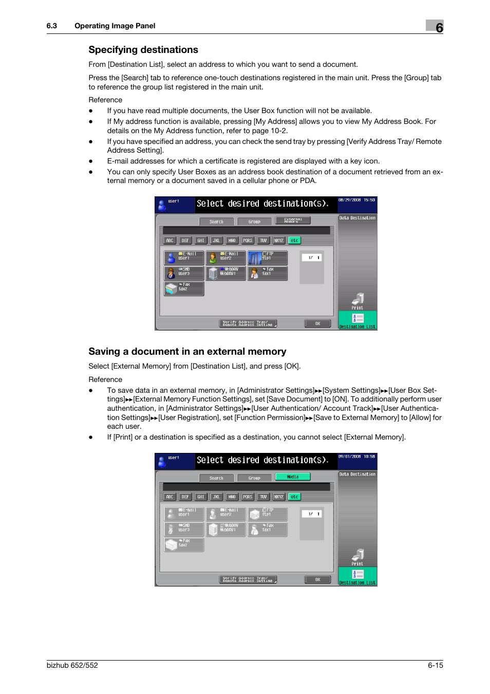 Specifying destinations, Saving a document in an external memory | Konica Minolta bizhub 652 User Manual | Page 67 / 112