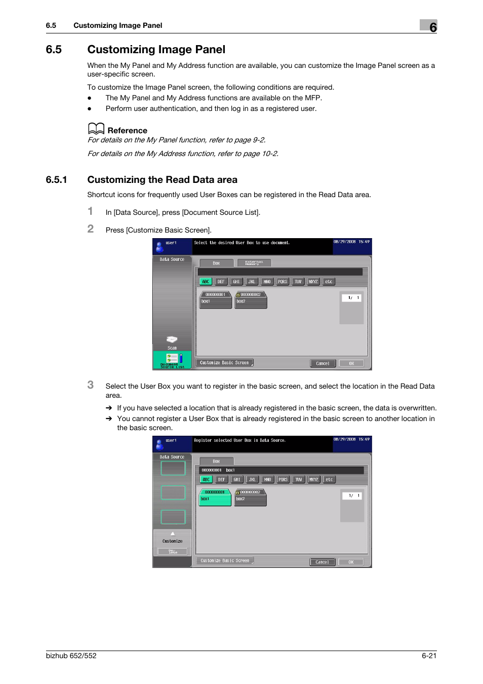 5 customizing image panel, 1 customizing the read data area, Customizing image panel -21 | Customizing the read data area -21 | Konica Minolta bizhub 652 User Manual | Page 73 / 112