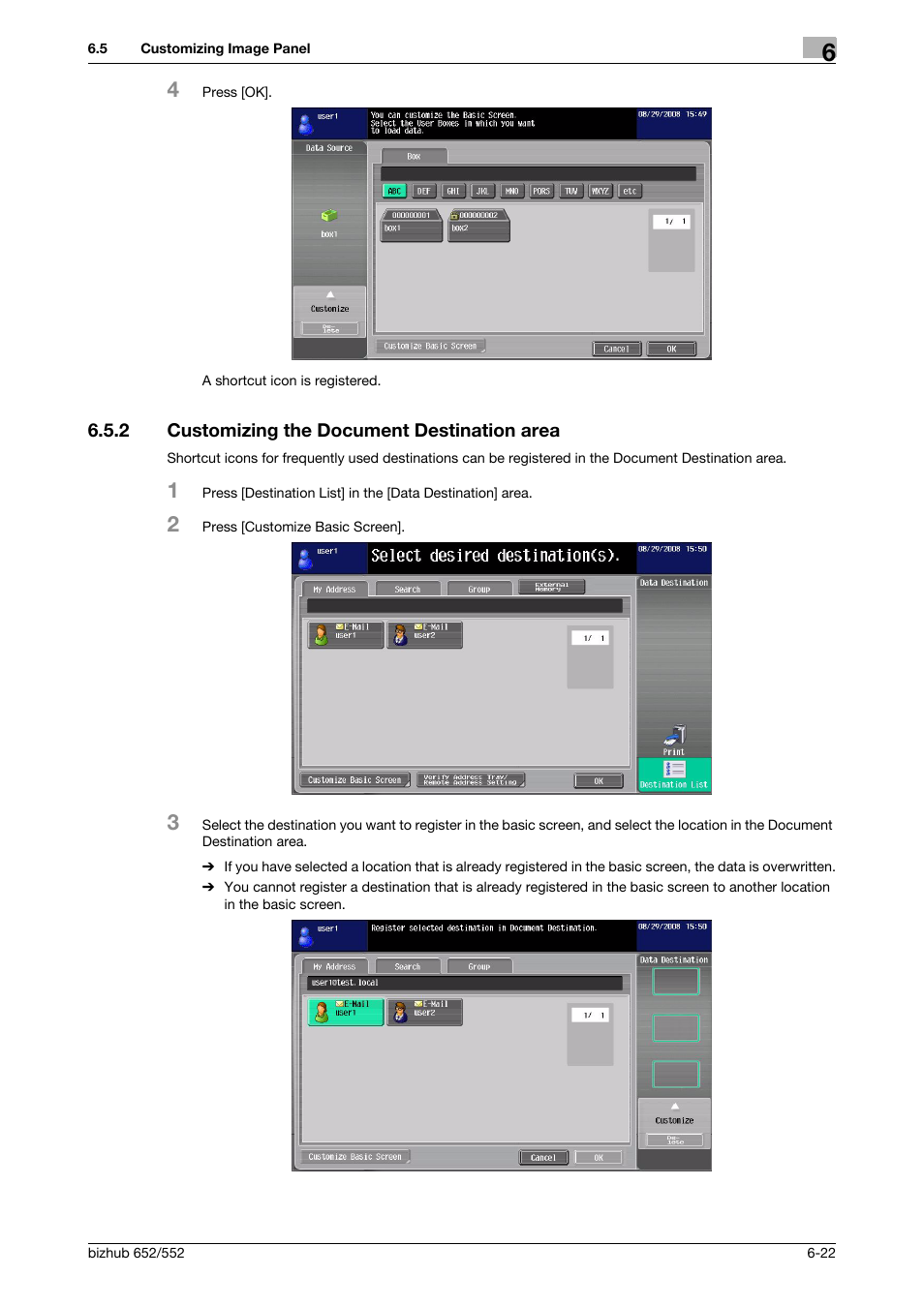 2 customizing the document destination area, Customizing the document destination area -22 | Konica Minolta bizhub 652 User Manual | Page 74 / 112