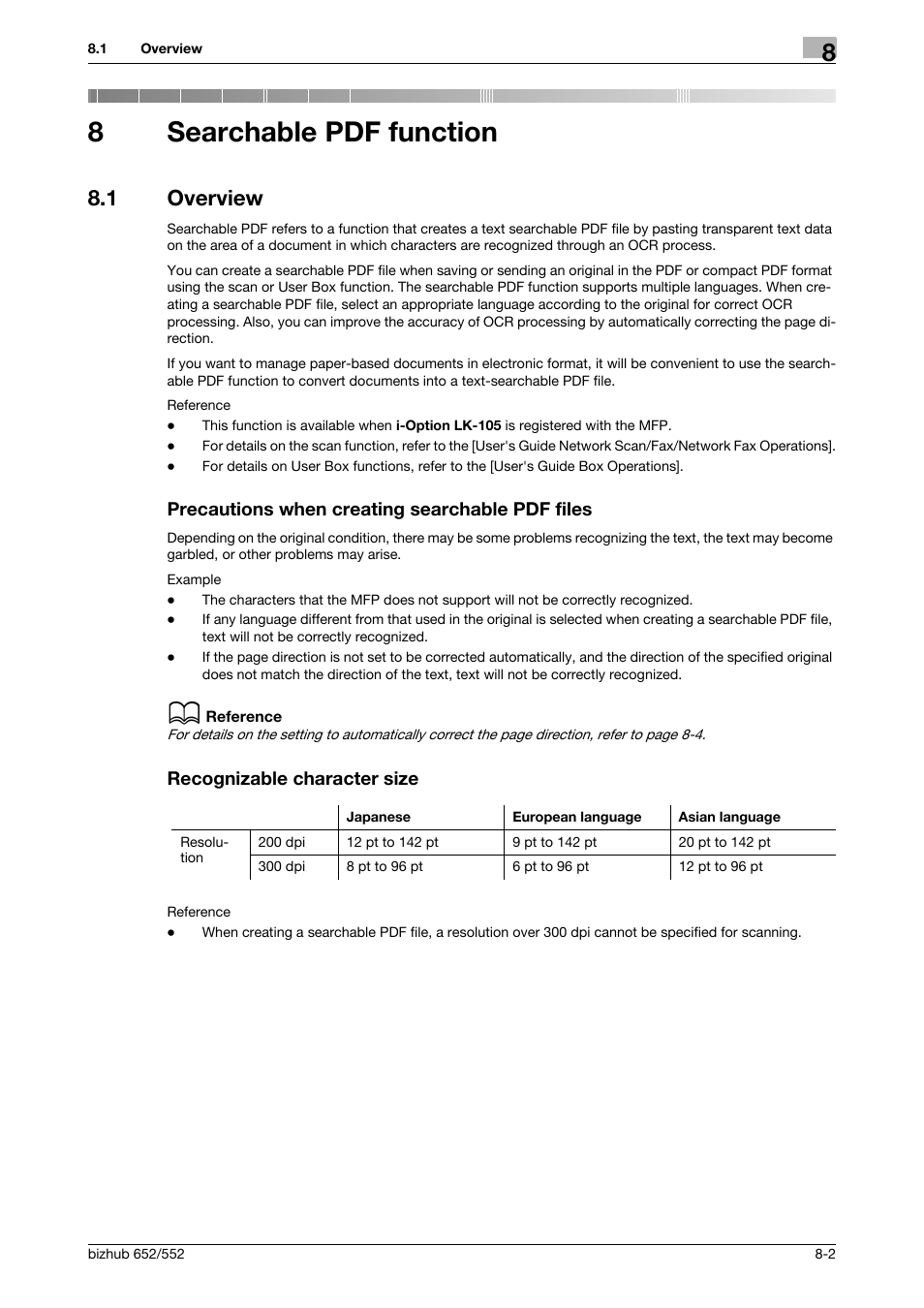 8 searchable pdf function, 1 overview, Precautions when creating searchable pdf files | Recognizable character size, Searchable pdf function, P. 8-2, 8searchable pdf function | Konica Minolta bizhub 652 User Manual | Page 84 / 112