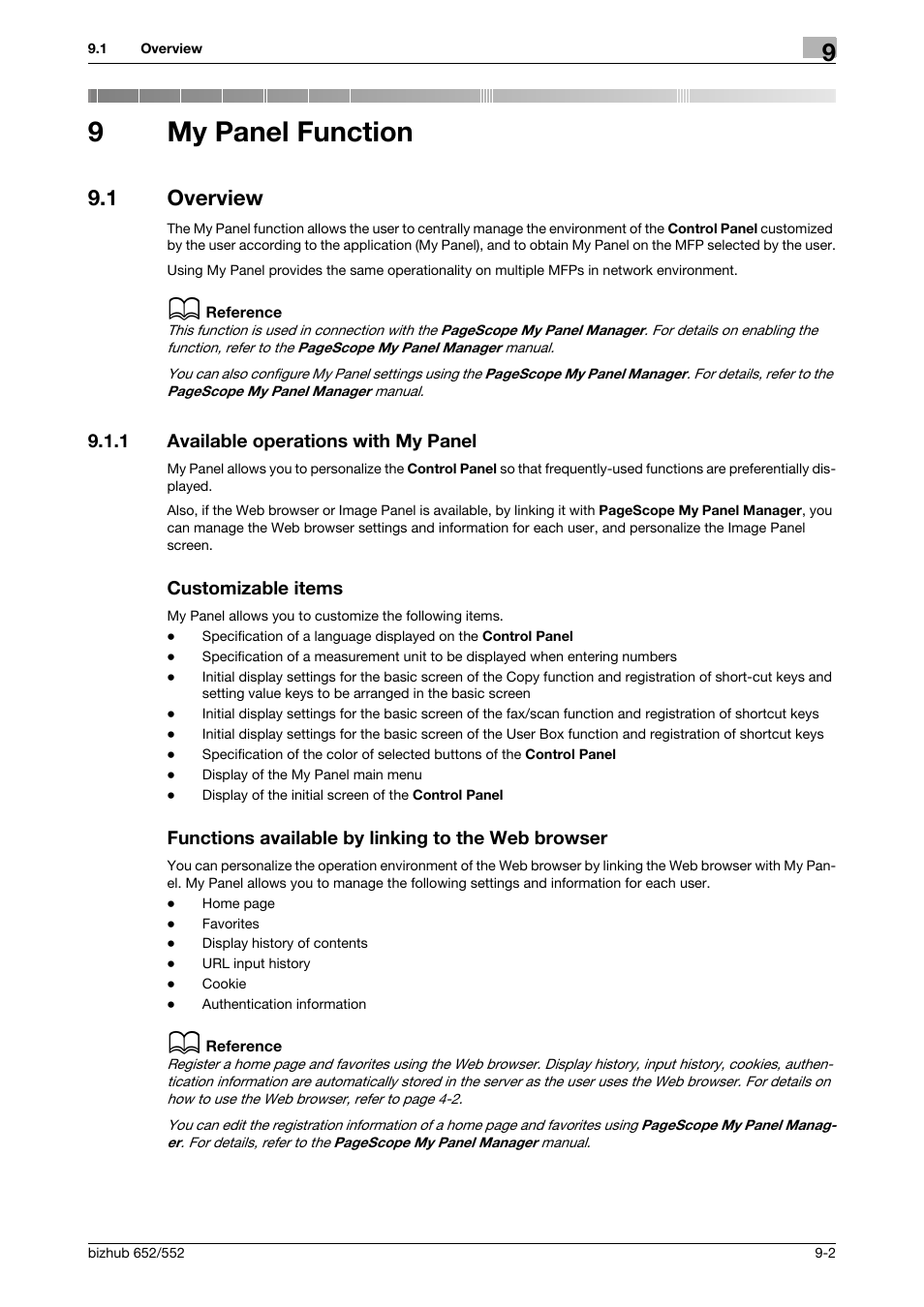 9 my panel function, 1 overview, 1 available operations with my panel | Customizable items, Functions available by linking to the web browser, My panel function, Overview -2, P. 9-2, 9my panel function | Konica Minolta bizhub 652 User Manual | Page 88 / 112