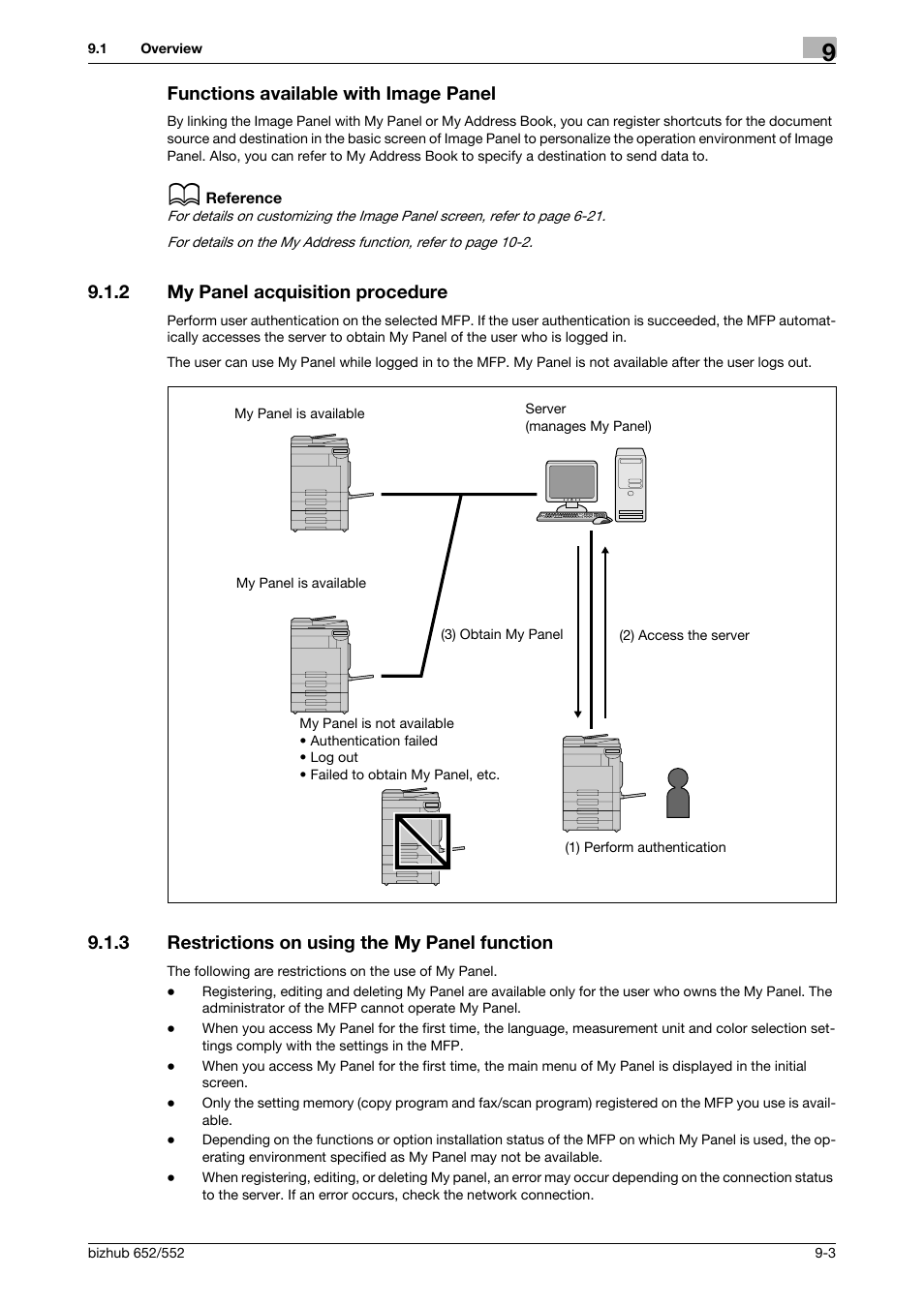 Functions available with image panel, 2 my panel acquisition procedure, 3 restrictions on using the my panel function | Functions available with image panel -3, My panel acquisition procedure -3, Restrictions on using the my panel function -3 | Konica Minolta bizhub 652 User Manual | Page 89 / 112